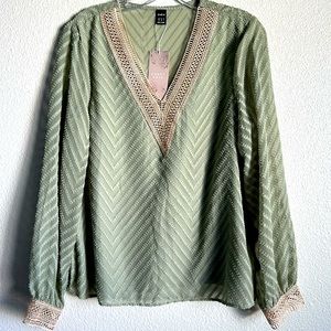 Green Long Sleeve V-Neck With Sheer Arms